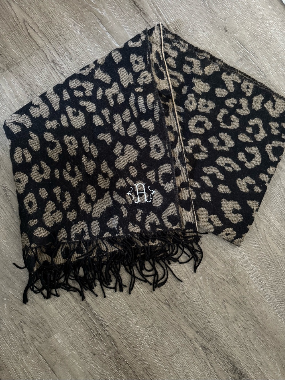 Mark & Graham Leopard-Print Fringe Blanket Scarf “A” Monogram - Black & Taupe